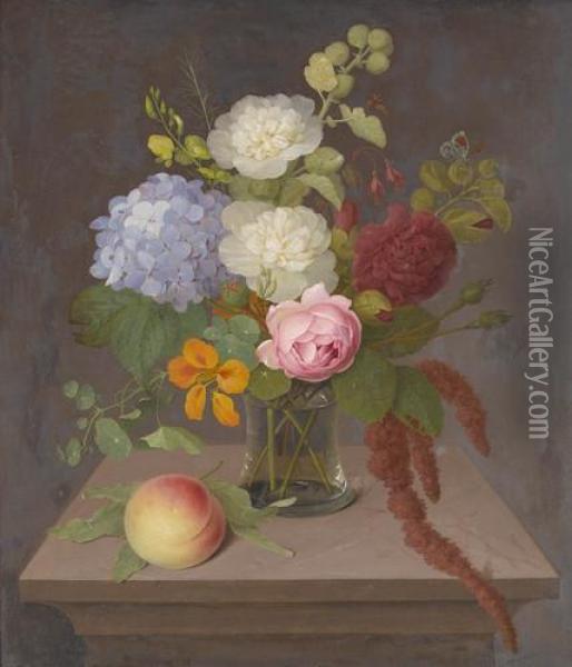 Stillleben Mit Blumenstrauss Und Pfirsich Oil Painting - Johannes Ludwig Camradt