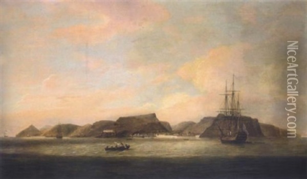 An Indiaman At Anchor Off St. Helena Oil Painting - Thomas Luny