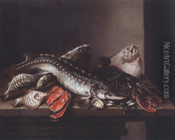Sturgeon, Lobster, Turbot, Salmon, Oysters, Plaice And Haddock On A Stone Ledge Oil Painting - Isaac Van Duynen