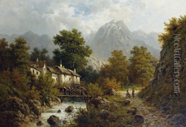 A Watermill At The Foot Of The Austrian Mountains Oil Painting - Julius Karl Rose