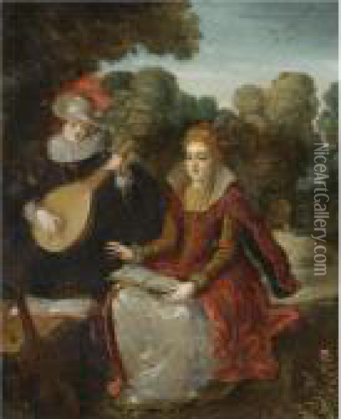 An Elegant Courting Couple In A 
Park, The Gentleman Playing A Lute And The Lady Holding A Book Oil Painting - Louis de Caullery