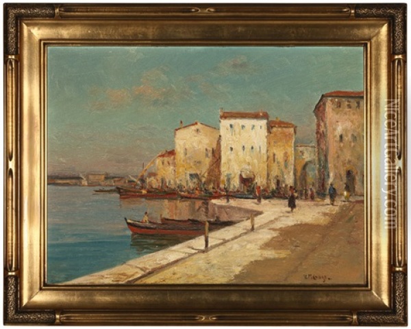 Boats Docked In A European City Oil Painting - Vincent Manago