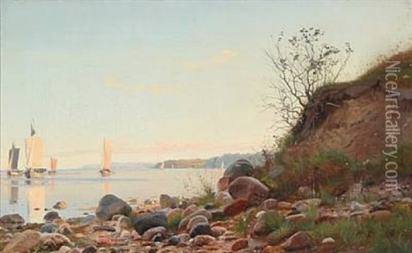 Coastal Scene A Summer Day With Numerous Sailing Ships On The Sea Oil Painting - Carl (Jens Erik C.) Rasmussen