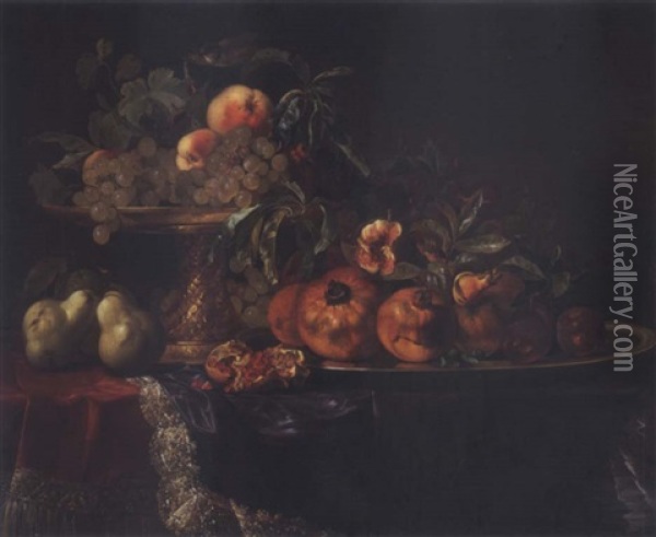 Still Life Of Fruit On A Silver-gilt Tazza And A Silver Plate With Three Pears And A Pomegranate On A Table Covered With Satin And Velvet Oil Painting - Willem Van Aelst