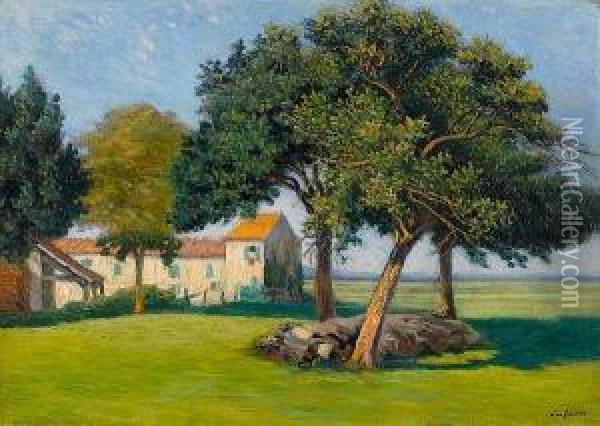 Landscape With Farm Buildings Oil Painting - Leo Gausson