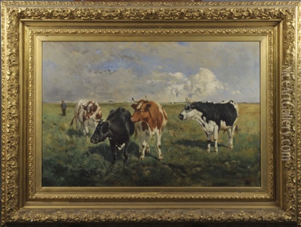 Vaches Dans Les Pres Oil Painting - Alfred Jacques Verwee