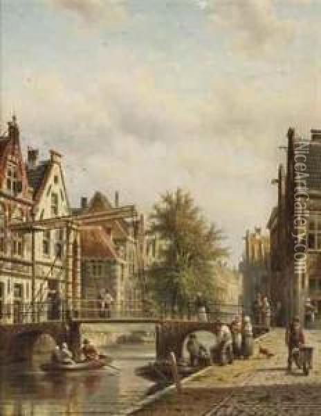 Activities On A Canal In A Dutch Town Oil Painting - Johannes Franciscus Spohler