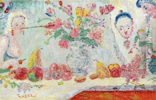 Flowers And Fruits - Fleurs Et Fruits (ca. 1938) Oil Painting - James Ensor