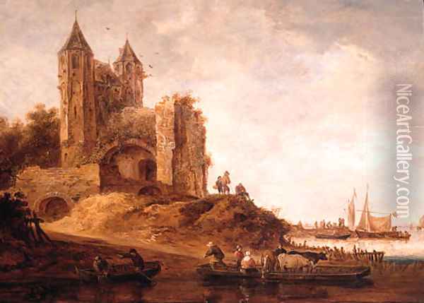 Peasants and cattle on a ferry near a landing stage by a ruined city gate, sailing vessels in a harbour beyond, on a cloudy day Oil Painting - Maerten Fransz. Van Der Hulft