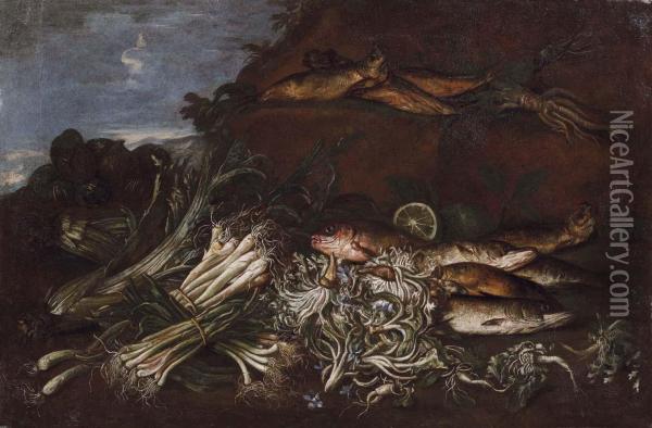 Natura Morta Di Ortaggi Epesci Oil Painting - Felice Boselli Piacenza
