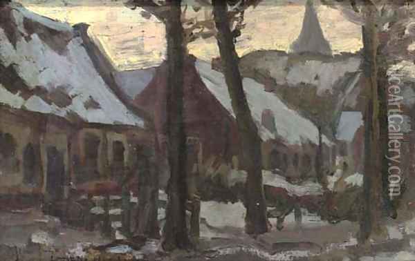 Buildings in the snow Oil Painting - Continental School