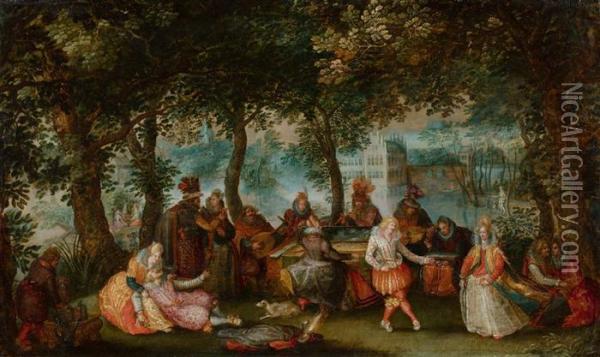 Fete Champetre - Courtly Company Playing Music In The Openair. Oil Painting - David Vinckboons