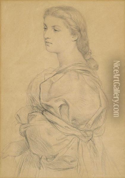 Portrait Study Of A Young Lady, Half-length, Facing To The Left,probably For 'cassandra Fedele' Oil Painting - Frederick William Burton