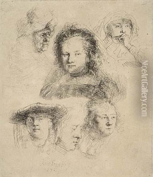 Sheet Of Studies: Head Of Saskia And Others Oil Painting - Rembrandt Van Rijn