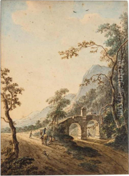 Italian Landscape With A Rider And Resting Figures By A Bridge Oil Painting - Isaac de Moucheron