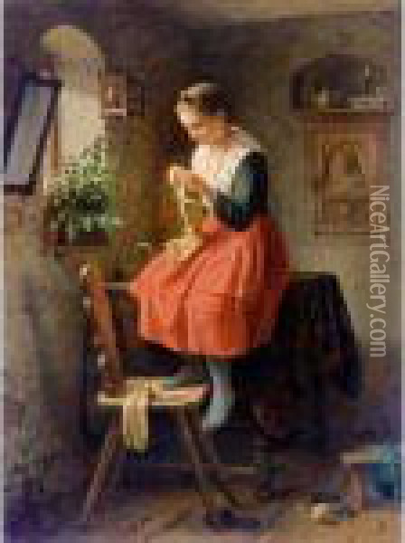 Strickendes Madchen (girl Knitting By A Window) Oil Painting - Meyer Georg von Bremen