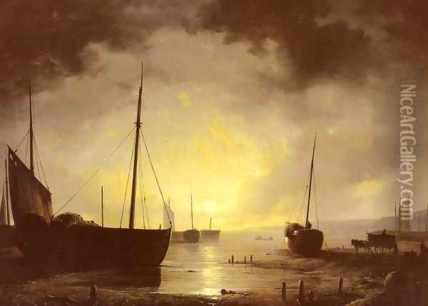 Beached Fishing Boats by Moonlight Oil Painting - Remigius Adriannus van Haanen