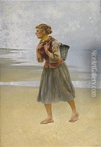 Musselplockerska Pa Stranden I Bretagne Oil Painting - August Vilhelm Nikolaus Hagborg