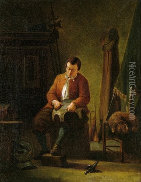 Interieur Mit Einem Pfeife Rauchenden Kavalier Beim Polieren Seiner Rustung Oil Painting - Jacob Ten Hagen