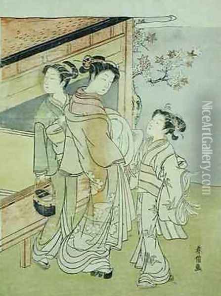 A Lady and Her Attendant Meet a Messenger Oil Painting - Suzuki Harunobu