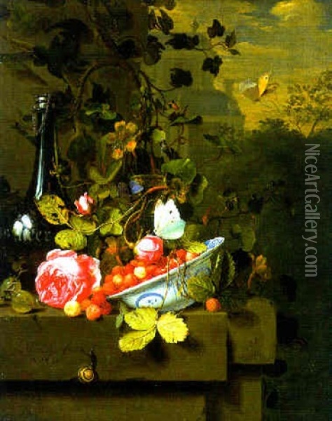 A Bowl Of Strawberries, A Bottle And A Rose On A Ledge, A Country Manor And A Formal Garden Beyond Oil Painting - Jan Mortel