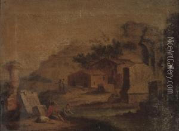 An Italianate Landscape With 
Cattle Drinking At A Trough; And An Italianate River Landscape With 
Figures And Classical Ruins In The Foreground, A Town Beyond Oil Painting - Carlo Labruzzi