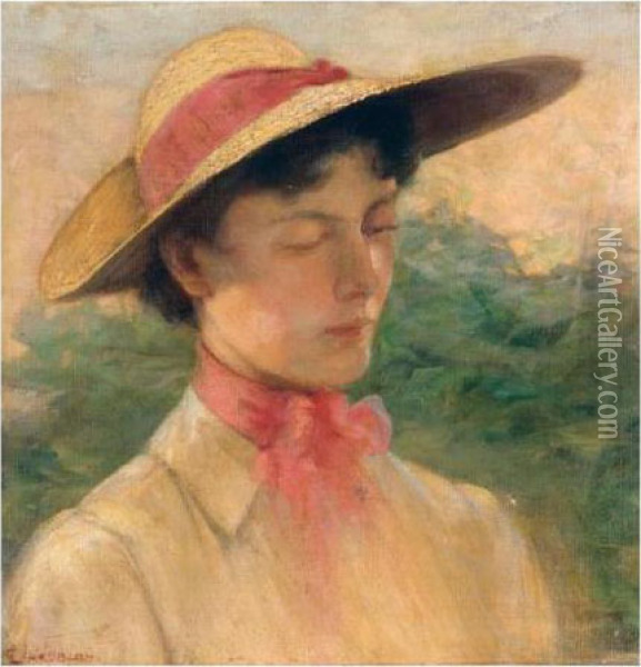 Young Girl With Hat Oil Painting - Georg Jakobides