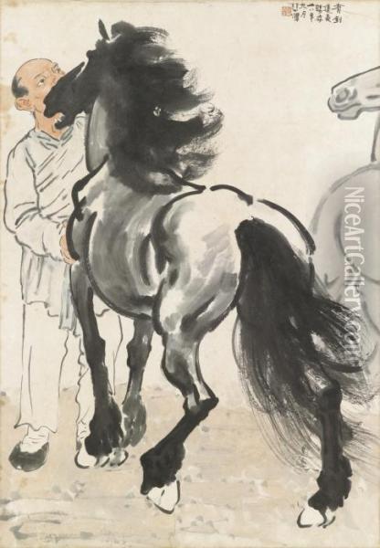 Admiring The Stallion Oil Painting - Xu Beihong