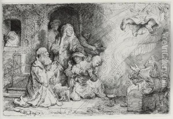 Angel Departing From The Family Of Tobias Oil Painting - Rembrandt Van Rijn