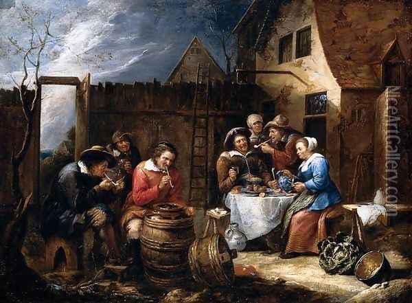 Boors Eating Drinking and Smoking outside a Cottage 1657 Oil Painting - Gillis van Tilborgh