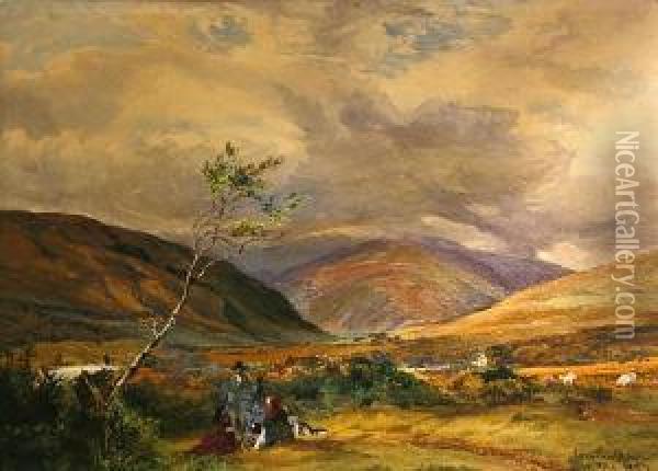 An Extensive Landscape With Figures Around A Fire In The Foreground Oil Painting - John Faulkner