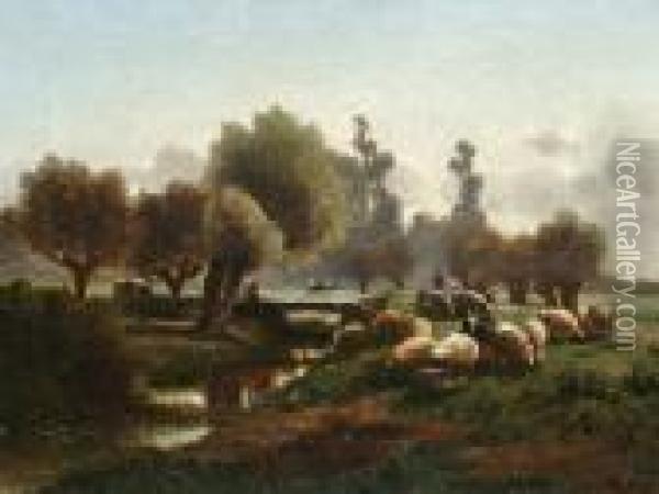 Herding Livestock Beside A River Oil Painting - Louis Marie Dominique Romain Robbe