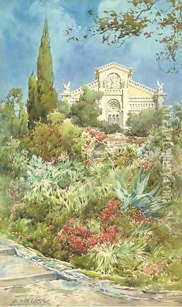 Exotic blooms by the church steps Oil Painting - Ernest Louis Lessieux