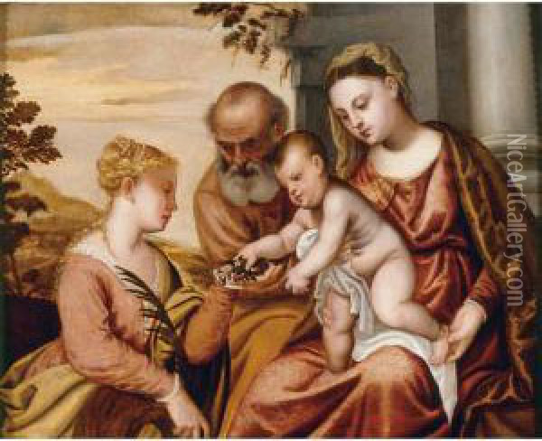 Holy Family With St. Catherine Oil Painting - Polidoro Lanzani (see Polidoro Da Lanciano)