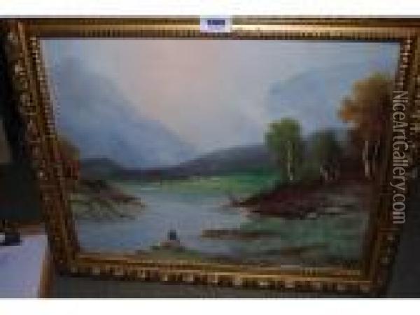 Sheep By A Mountain River And Figure By A River Oil Painting - Nils Hans Christiansen