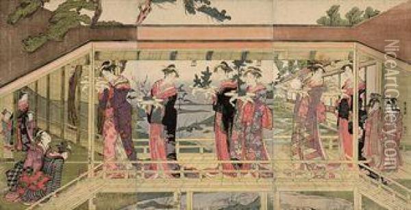 Ladies With Votive Offerings Crossing A Wooden Bridge Over Astream Oil Painting - Toyokuni