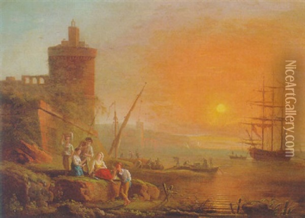 A Mediterranean Coastline At Sunset With Fisherfolk On The Shore, A Man-o'-war Moored Beyond Oil Painting - Charles Francois Lacroix
