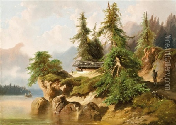 Hegyvideki Taj Vandorokkal Oil Painting - Gustav Barbarini