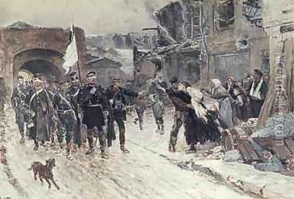 The Entrance into Belfort of the German Commander Bearing the Flag of Truce 4th November 1870 1884 Oil Painting - Alphonse Marie de Neuville