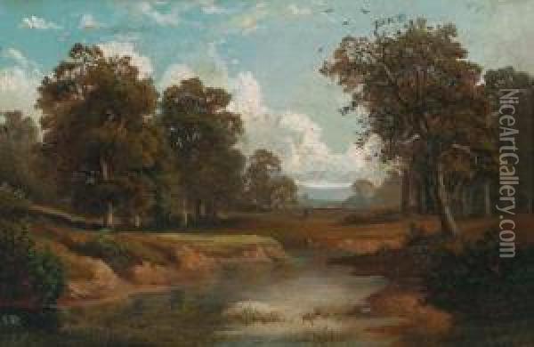 Wooded Landscape With A Stream Oil Painting - August Weber