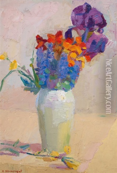 Bouquet Avec Un Iris Oil Painting - Jacques Elie Abraham Hermanjat