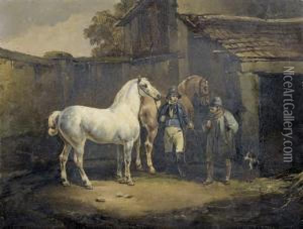 Zwei Pferde Vor Gehoft. Oil Painting - Joseph Simon Volmar
