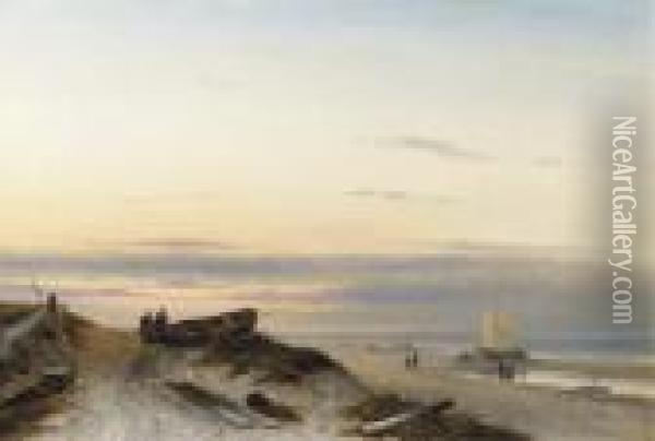 Fishermen On A Beach At Sunset Oil Painting - Charles Henri Leickert