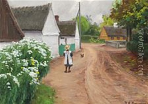 Village Street With A Little Girl And Blooming Daisies Oil Painting - Hans Andersen Brendekilde