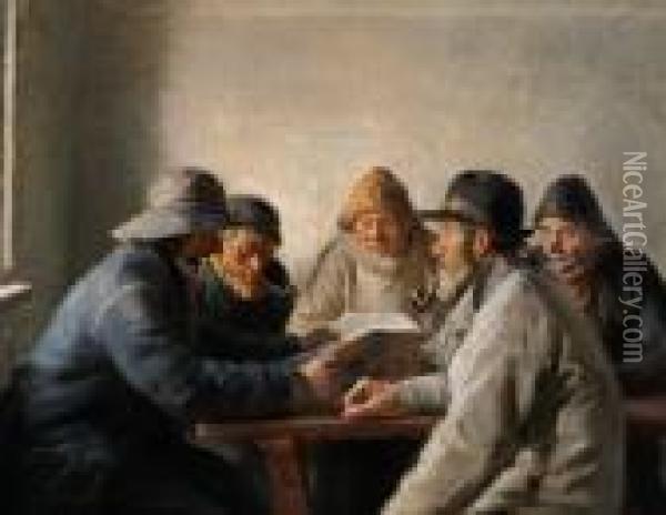 Reading The Newspaper; Five Fishermen Around A Table Oil Painting - Michael Ancher