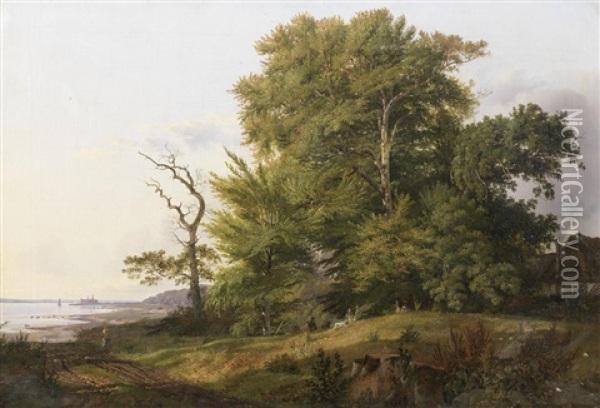 Wooded Landscape With Huntsman And Hounds, A View Of Kronborg Castle Beyond Oil Painting - Ludwig Heinrich Theodor (Louis) Gurlitt