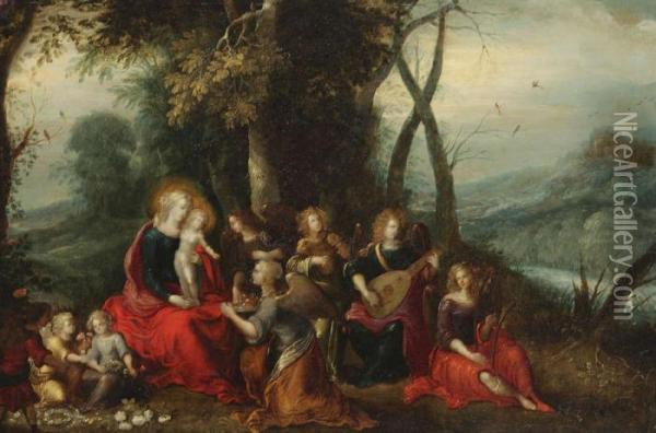 Verheerlijking Van De Madonna Met Muziekspelende Engeltjes Oil Painting - Frans II Francken