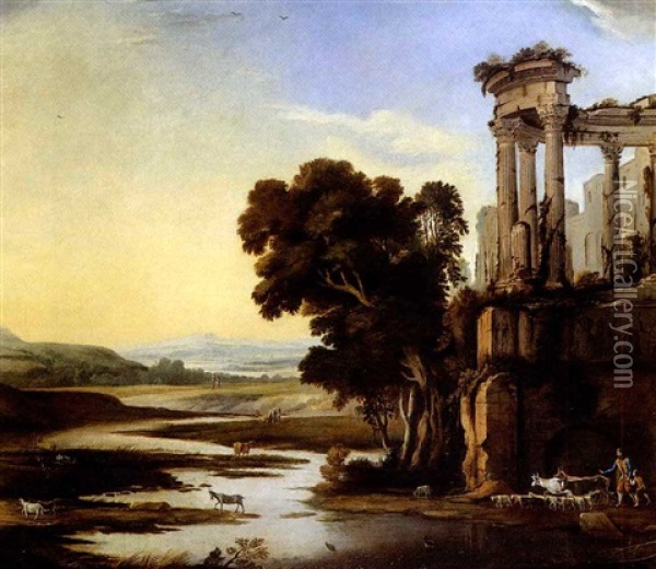 Bergers Dans Un Paysage Avec Un Temple Antique En Ruine Oil Painting - Pierre Patel