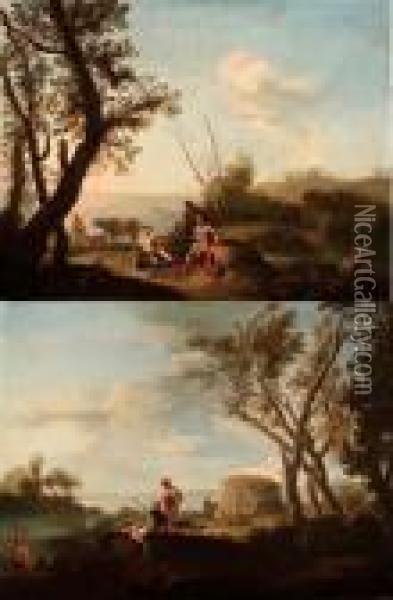 A) Paesaggio Marino Con Scena Pastorale
B) Paesaggio Marino Con Rovine E Figure Oil Painting - Andrea Locatelli