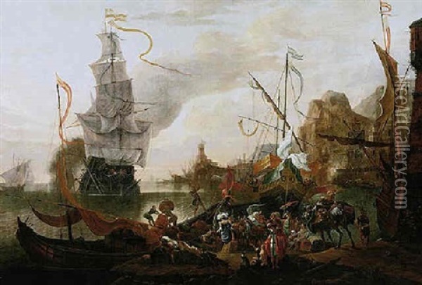 A Levantine Harbour With A Galley And A Man Of War Coming In To Anchor Oil Painting - Hendrich van Minderhout